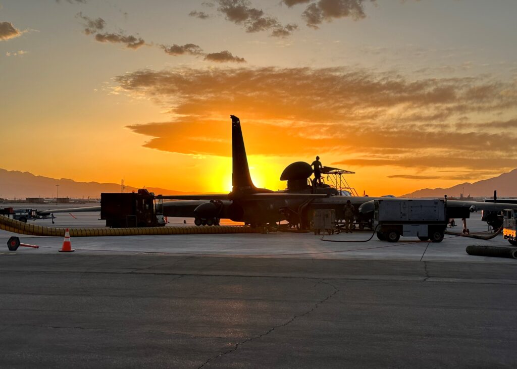 A U-2 Dragon Lady is prepared to conduct a U.S. Air Force Weapons School Integration Phase mission during WSINT 23-A on May 30, 2023 at Nellis Air Force Base, Nevada. The U-2 aircraft is a high-altitude jet flown for intelligence gathering, surveillance, and reconnaissance. (U.S. Air Force photo by Lt. Col. Thomas Flood)
